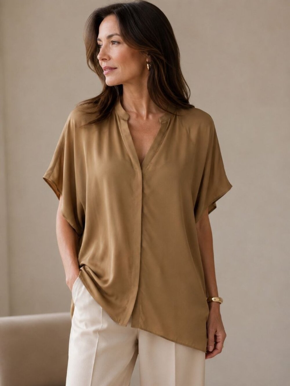 Lafayette 148 New York size XL gold short-sleeved blouse V-neck Button front NEW